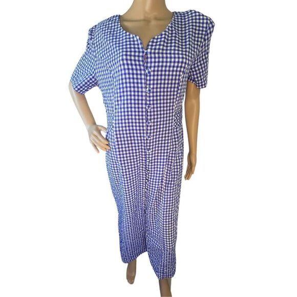 Coco Bianco Vintage Short Sleeve Checkered Long Button Up Dress - Picture 1 of 4